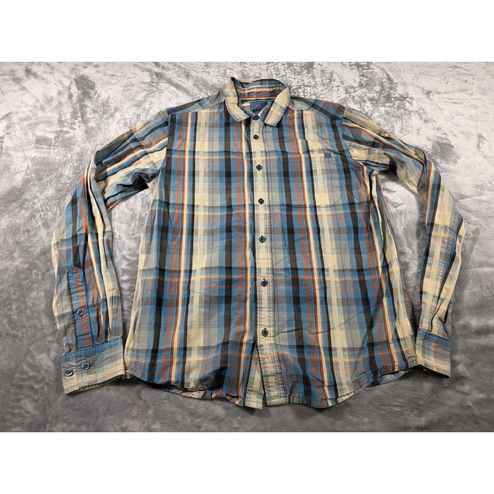prAna Shirt Mens Small Beige, Orange, Blue Plaid Organic Cotton Button Up Casual